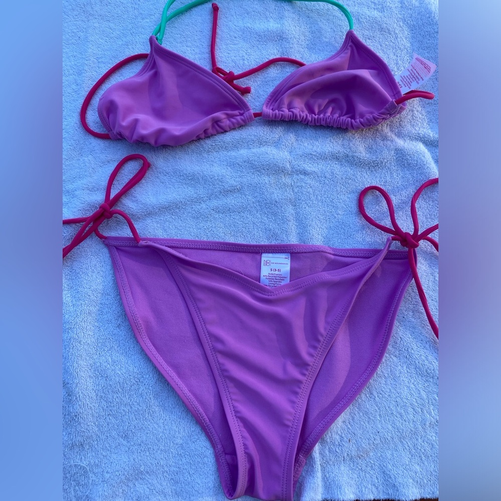 No Boundaries Triangle Purple, Pink, Teal Bikini Set with Adjustable Ties